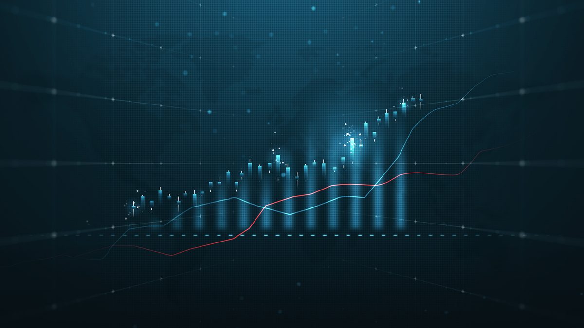 Futuristic market chart of business glowing stock graph or investment financial data profit on growth money diagram background with diagram exchange information. 3D rendering.