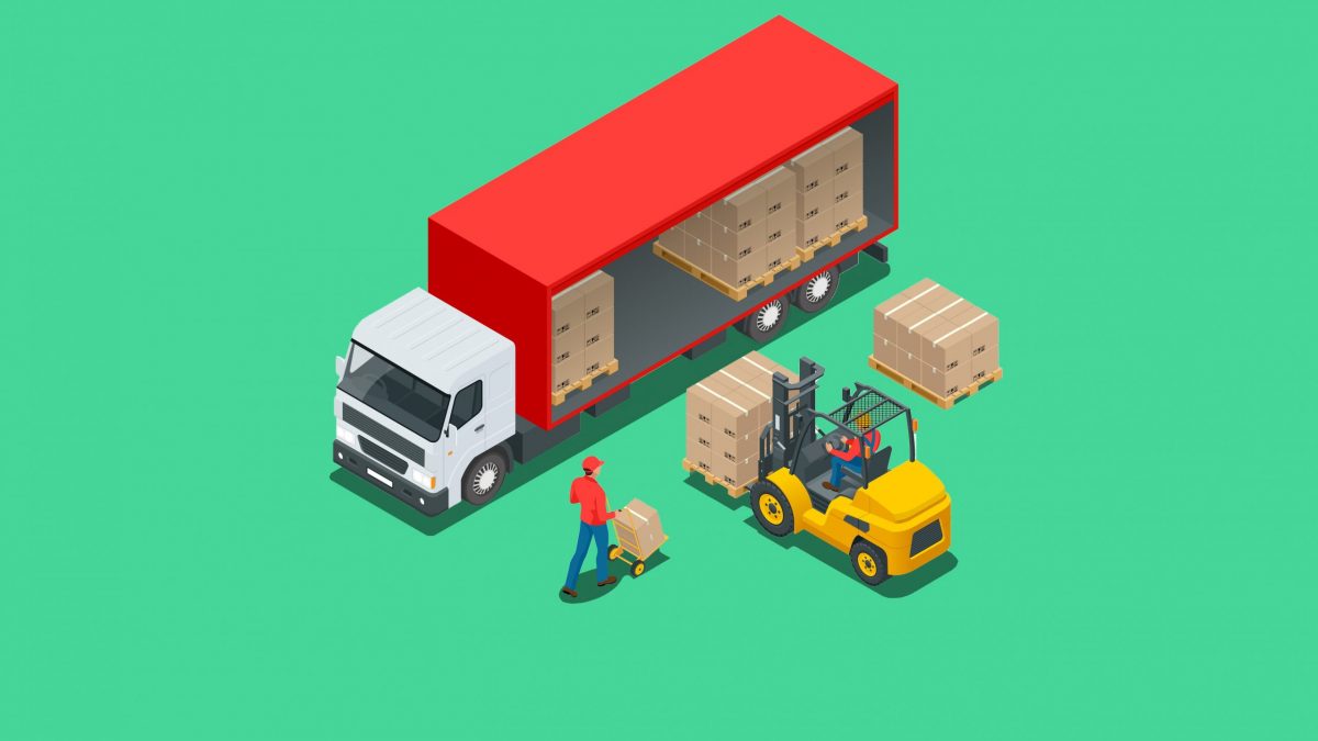 Isometric delivery and shipment service. Fast and Free Transport. Pallet with boxes and delivery process in store vector illustration