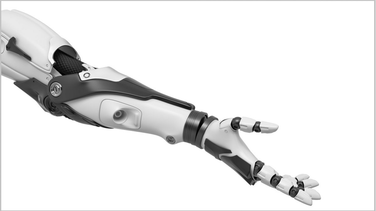 3d rendering of a single cyborg arm with the palm held up in friendly gesture. Receiving help. Robots are friends. Offer for help.