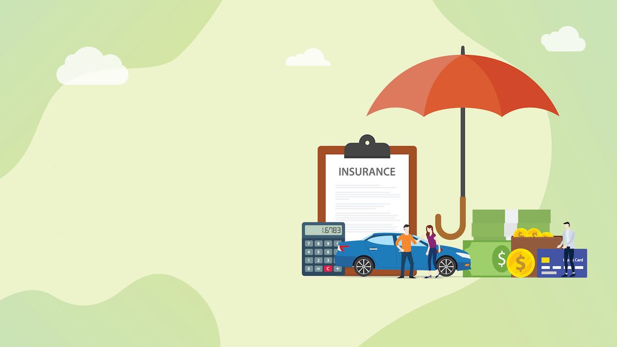 car insurance concept with people men and woman with cars and red umbrella for website template banner or landing homepage - vector illustration