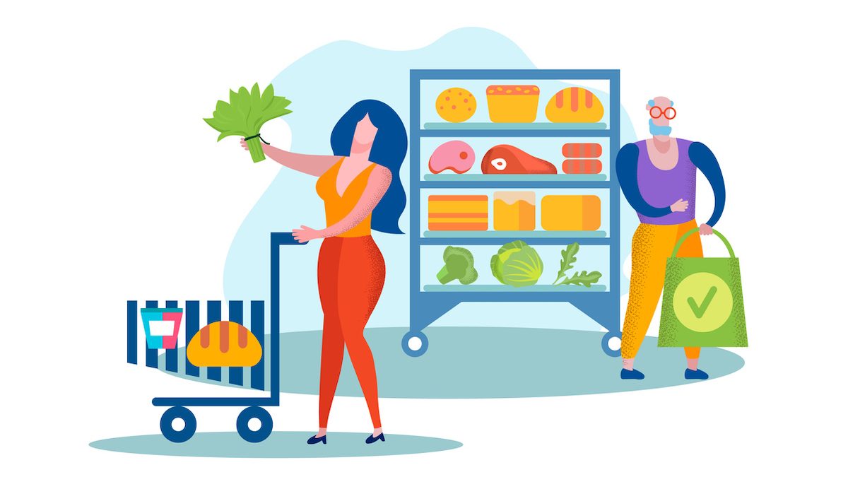 Woman Holding Bunch of Greens Pushing Shopping Trolley with Products, Senior Man Stand at Shelf with Food Isolated on White Background, Visiting Supermarket or Grocery Cartoon Flat Vector Illustration (Woman Holding Bunch of Greens Pushing Shopping Tr