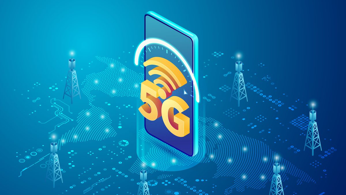 concept of telecommunication technology, 5G sign with mobile phone and communication tower in isometric