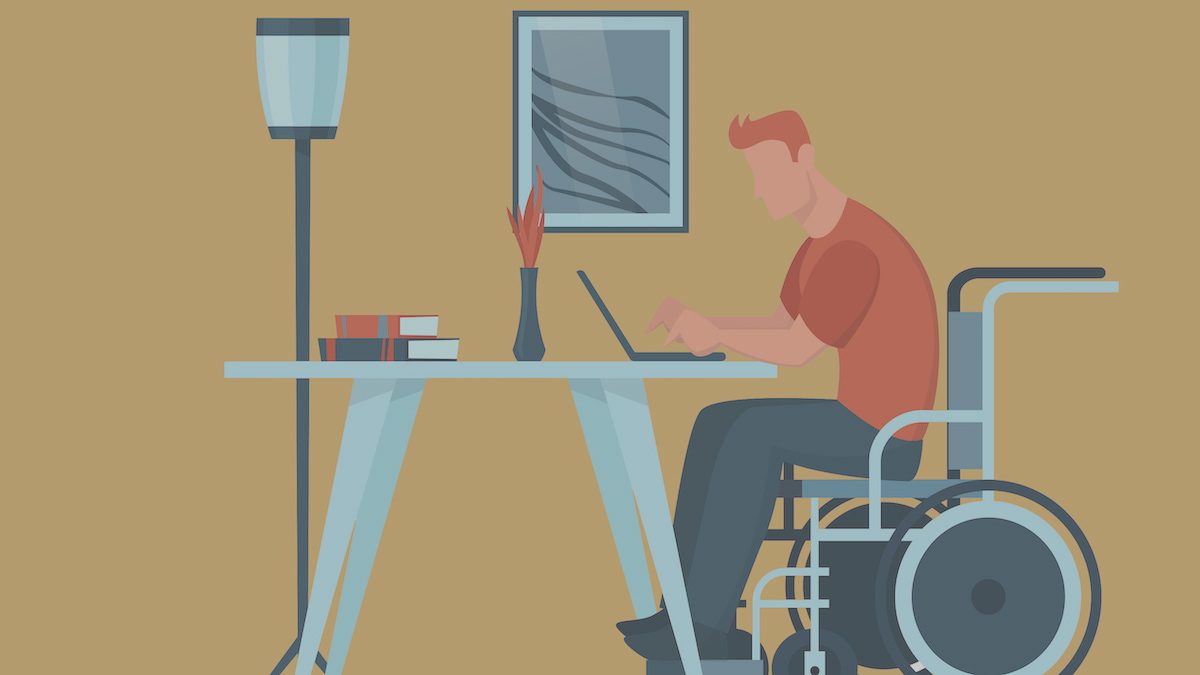 Vector of a disabled man sitting in wheelchair working on laptop from home. Handicapped people and equal job opportunities concept.