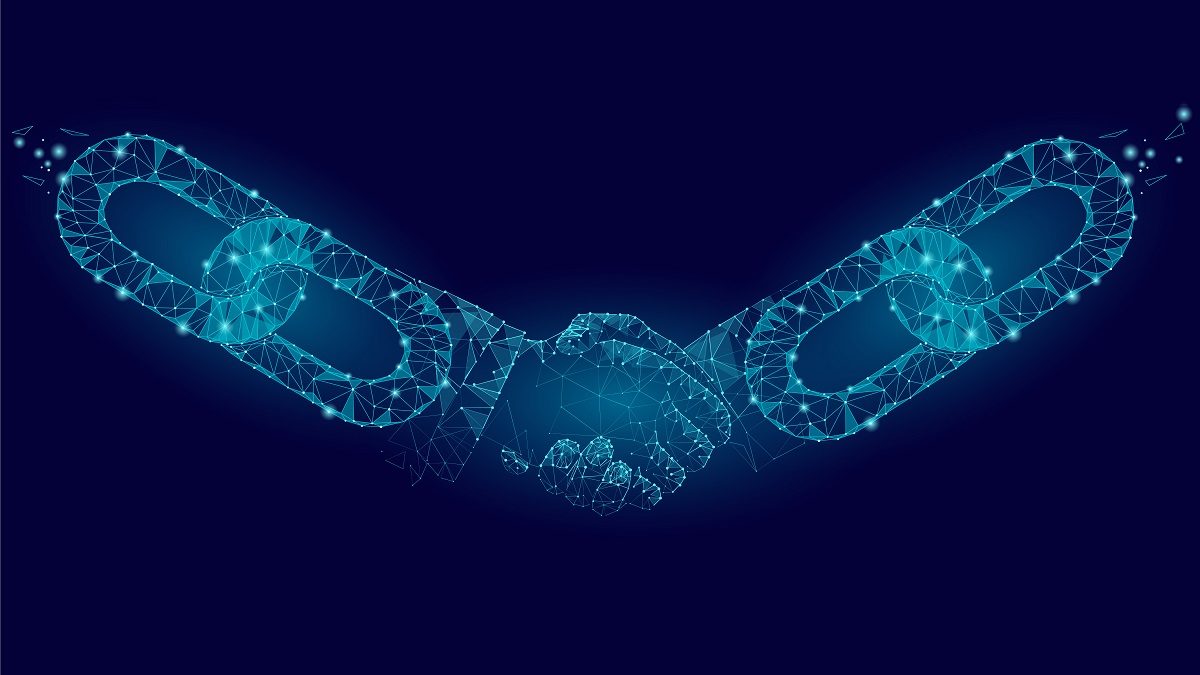 Blockchain technology agreement handshake business concept low poly. Polygonal point line geometric design. Hands chain link internet hyperlink connection blue vector illustration art
